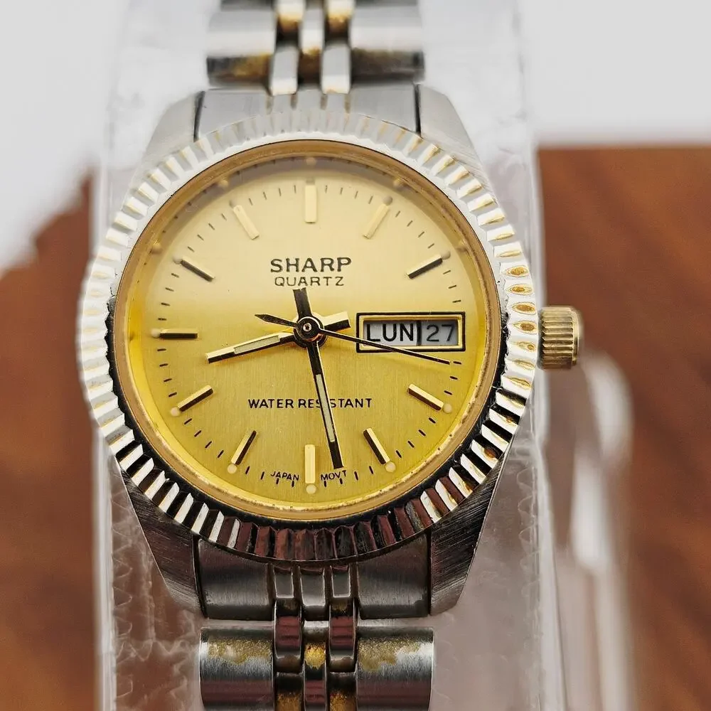 Vintage Sharp Silver tone Watch Yellow Date Dial Old Fashioned Grandpacore Retro
